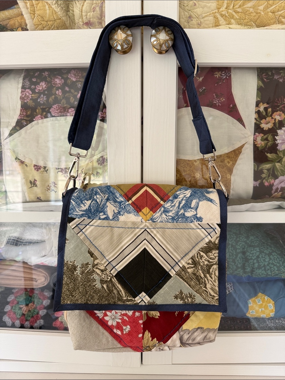 Patchwork Canvas Crossbody Bag in Navy and Multicolor
